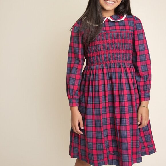 Laura Ashley Floral Girls Dress Size 9 Smocked Lace Trim Plaid Peter Pan Collar